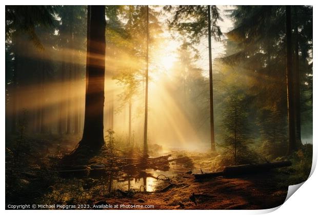 A sunrise in a misty forest. Print by Michael Piepgras