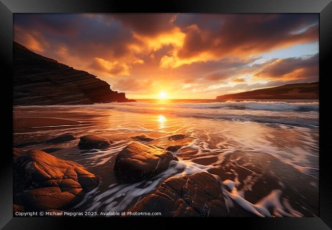 Beautiful sunset at a beach landscape looking like woolacombe. Framed Print by Michael Piepgras