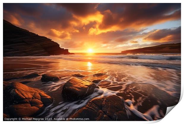 Beautiful sunset at a beach landscape looking like woolacombe. Print by Michael Piepgras