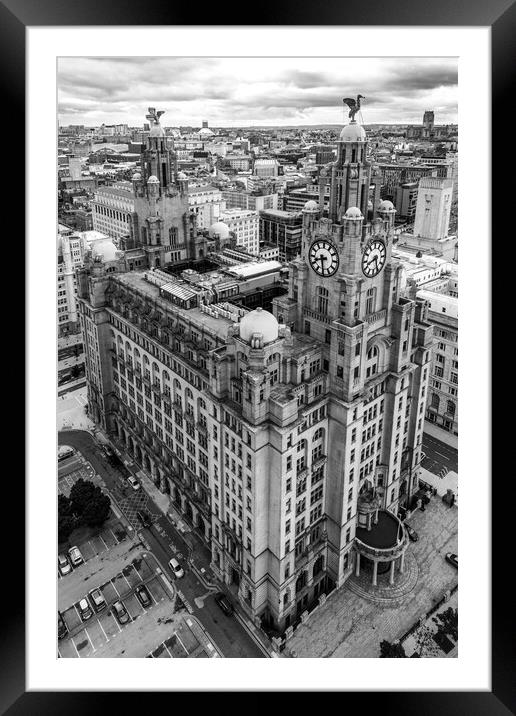 The Royal Liver Building Black and White Framed Mounted Print by Apollo Aerial Photography