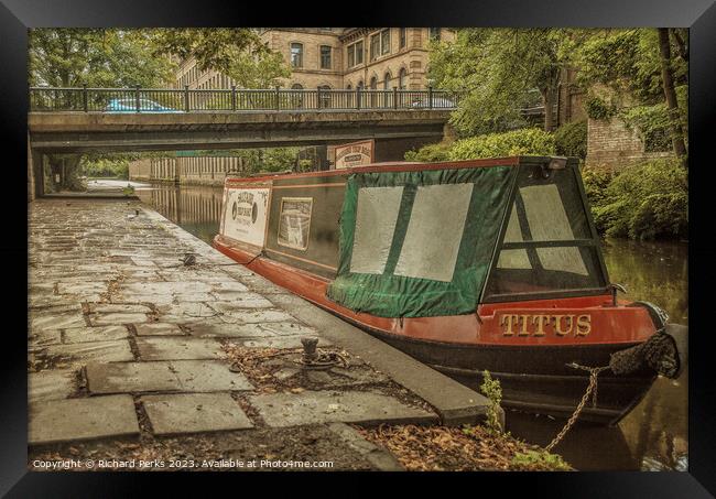 Titus in the Rain at Saltaire Framed Print by Richard Perks