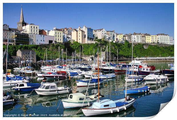 Tenby harbour at high tide. Print by Roger Mechan