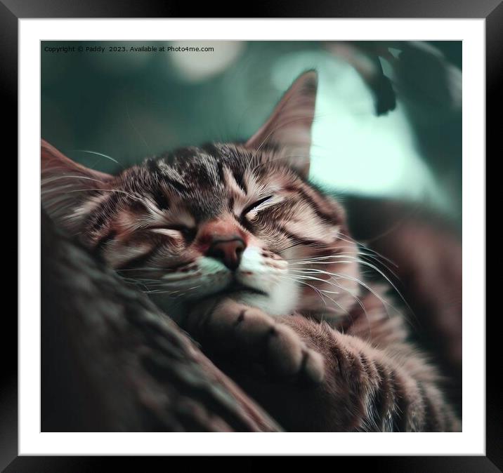 A cat sleeping in a tree  Framed Mounted Print by Paddy 