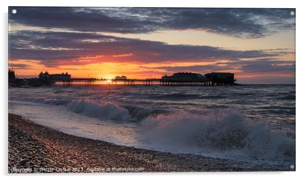 Cromer pier sunset and surf 920 Acrylic by PHILIP CHALK