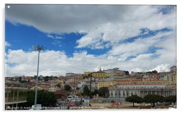 Lisbon cityscape featuring architecture, skyline, and cloudy sky. Acrylic by Anish Punchayil Sukumaran
