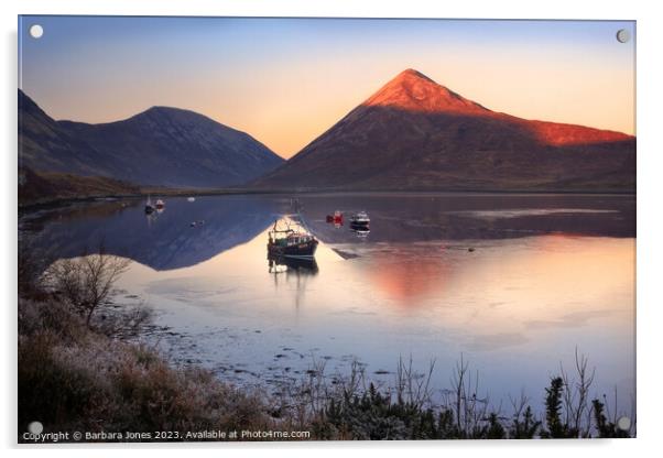 Loch Slapin Winter Sunset, Isle of Skye Scotland. Acrylic by Barbara Jones