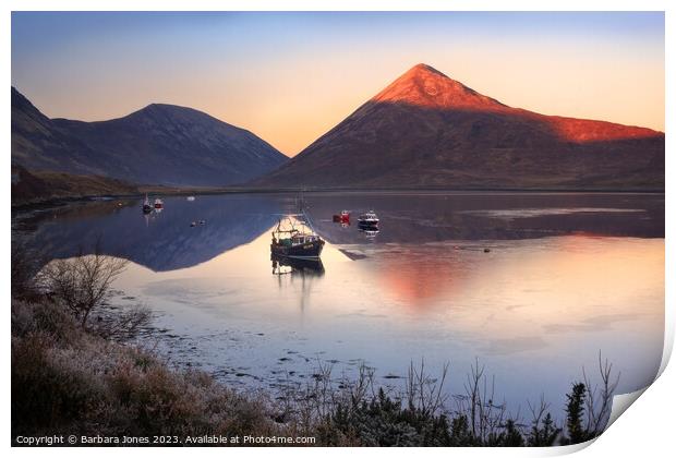 Loch Slapin Winter Sunset, Isle of Skye Scotland. Print by Barbara Jones