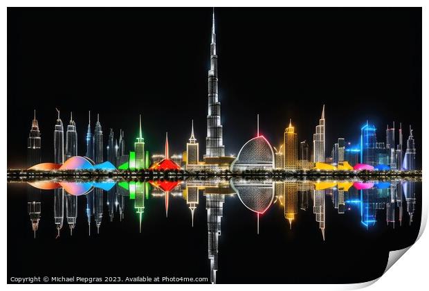 A skyline of a big city in the night with water reflections. Print by Michael Piepgras