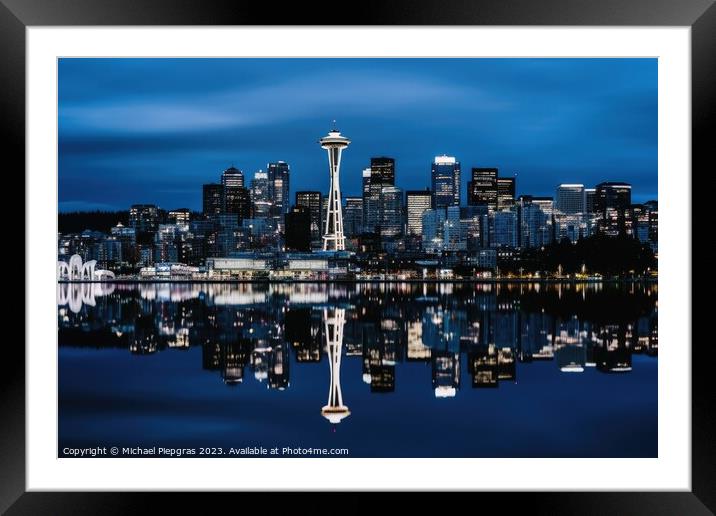 A skyline of a big city in the night with water reflections. Framed Mounted Print by Michael Piepgras