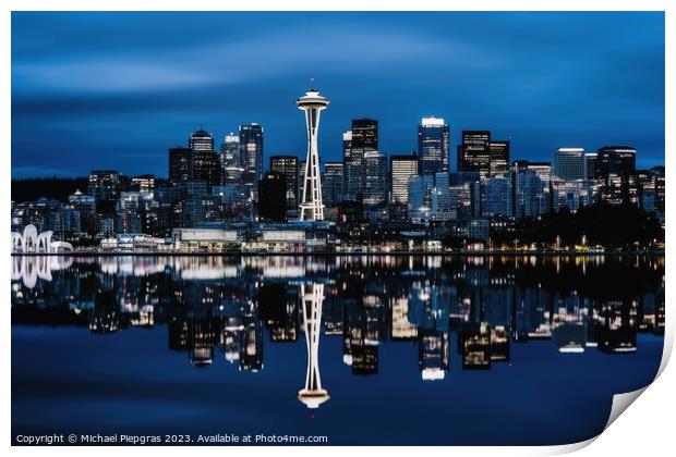A skyline of a big city in the night with water reflections. Print by Michael Piepgras