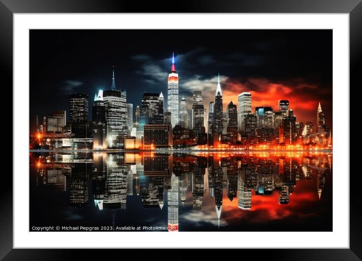 A skyline of a big city in the night with water reflections. Framed Mounted Print by Michael Piepgras