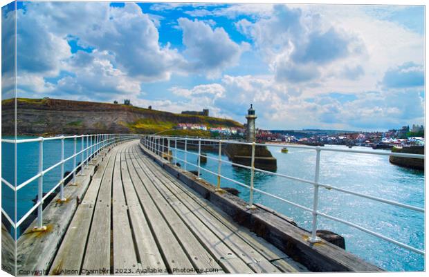 Whitby East Pier and Extension Bridge  Canvas Print by Alison Chambers
