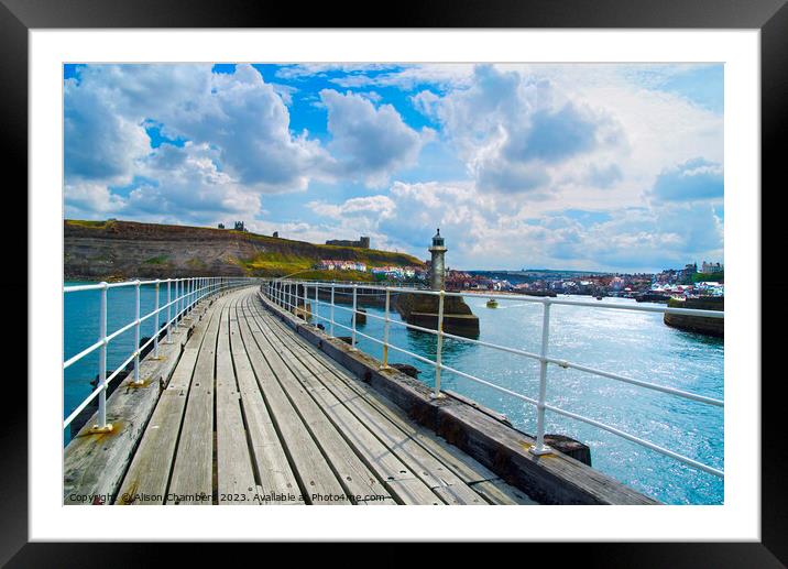 Whitby East Pier and Extension Bridge  Framed Mounted Print by Alison Chambers