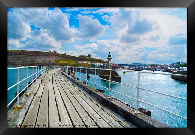 Whitby East Pier and Extension Bridge  Framed Print by Alison Chambers