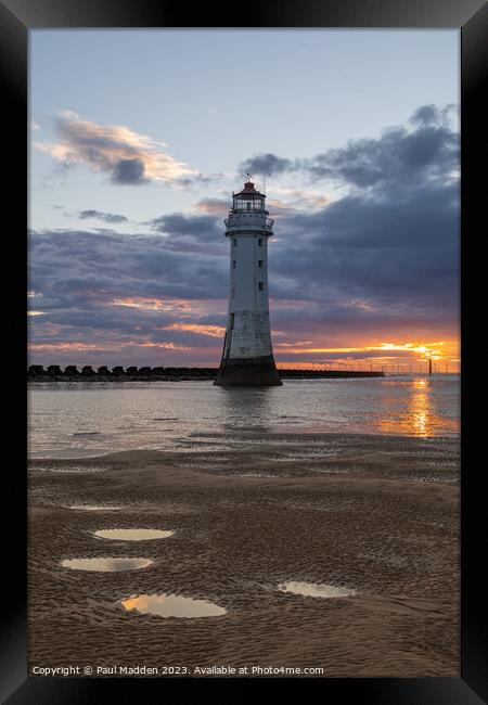 New Brighton Lighthouse at sunset Framed Print by Paul Madden