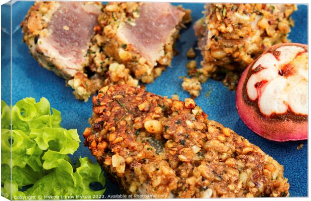 Tuna steak fried with mangosteens,macro. Canvas Print by Mykola Lunov Mykola