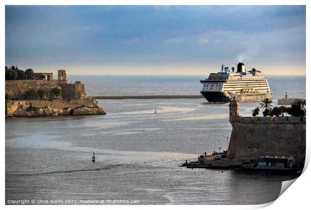Cruise ship enters The Grand Harbour Valletta, Malta. Print by Chris North