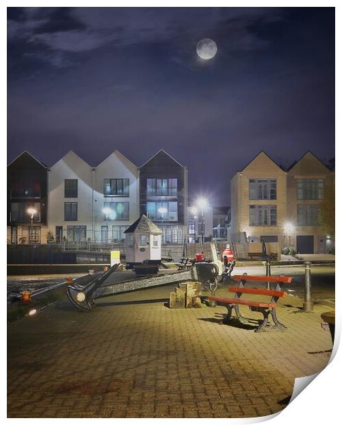 Moon down over the Waterside marina in Brightlingsea  Print by Tony lopez