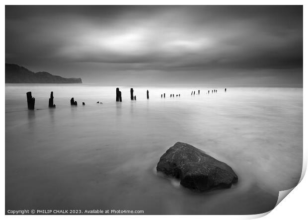 Sands end fine art groynes black and white  923  Print by PHILIP CHALK