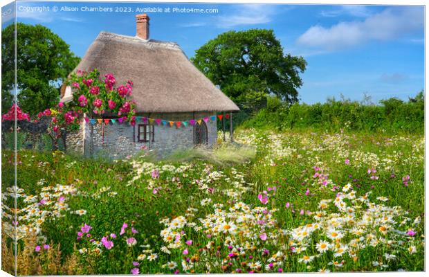 English Thatched Cottage and Wildflower Meadow Canvas Print by Alison Chambers
