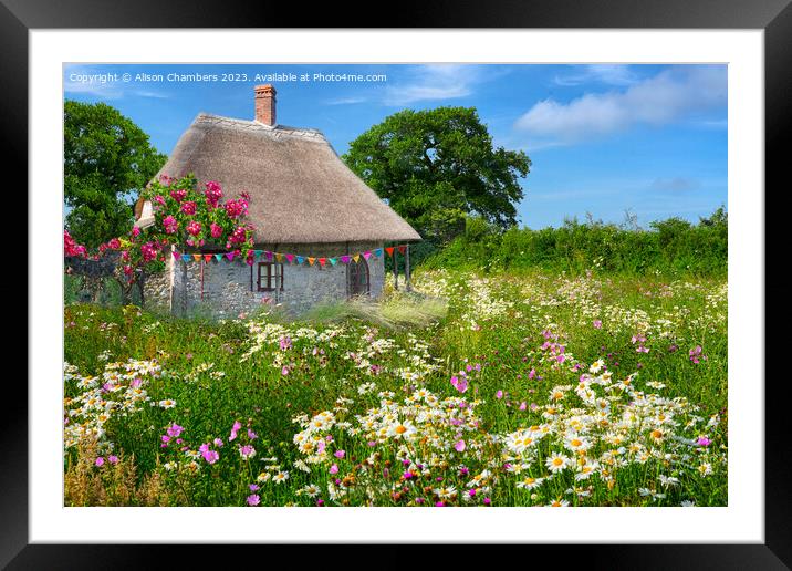 English Thatched Cottage and Wildflower Meadow Framed Mounted Print by Alison Chambers