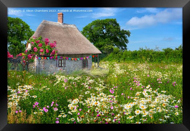 English Thatched Cottage and Wildflower Meadow Framed Print by Alison Chambers