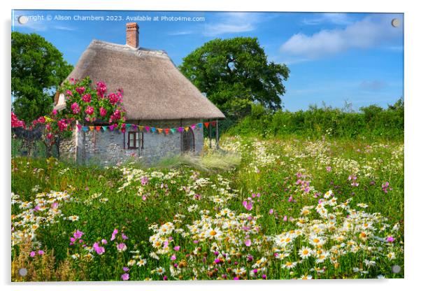 English Thatched Cottage and Wildflower Meadow Acrylic by Alison Chambers