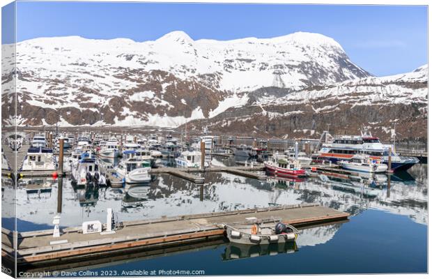 Outdoor Snow covered mountain reflected in the calm waters of Whittier marina, Whittier, Alaska, USA Canvas Print by Dave Collins