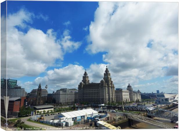 Liverpool England may 30 2023 a view of liverpool port and sourrending area and famous liver building Canvas Print by Anish Punchayil Sukumaran