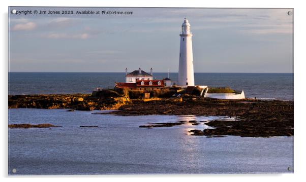 St Mary's Island and Lighthouse caught in a shaft of sunlight. Acrylic by Jim Jones