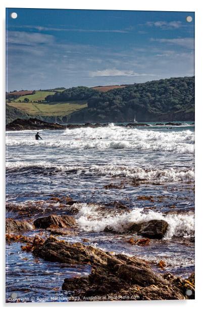 Surfing a stormy Wembury Beach Devon Acrylic by Roger Mechan