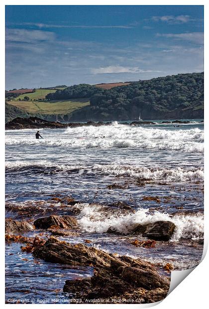 Surfing a stormy Wembury Beach Devon Print by Roger Mechan