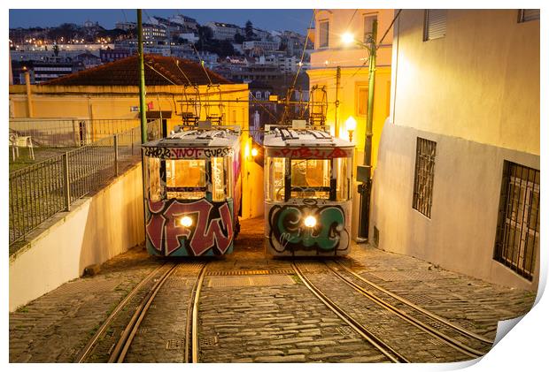The Funicular Lavra in the narrow streets of Lisbon Print by Kevin Winter