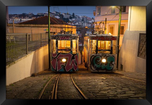 The Funicular Lavra in the narrow streets of Lisbon Framed Print by Kevin Winter