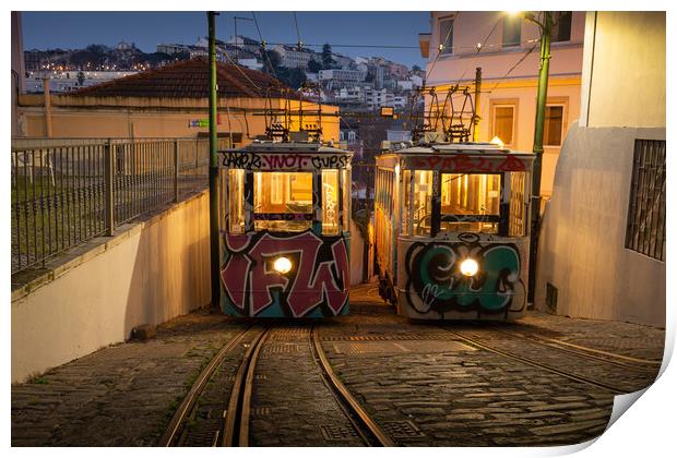 The Funicular Lavra in the narrow streets of Lisbon Print by Kevin Winter
