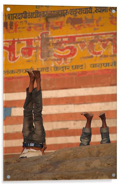 Doing Yoga on the Ghats at Varanasi Acrylic by Serena Bowles