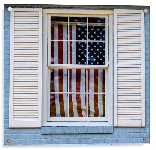 Old Glory through an old window Acrylic by John Hastings