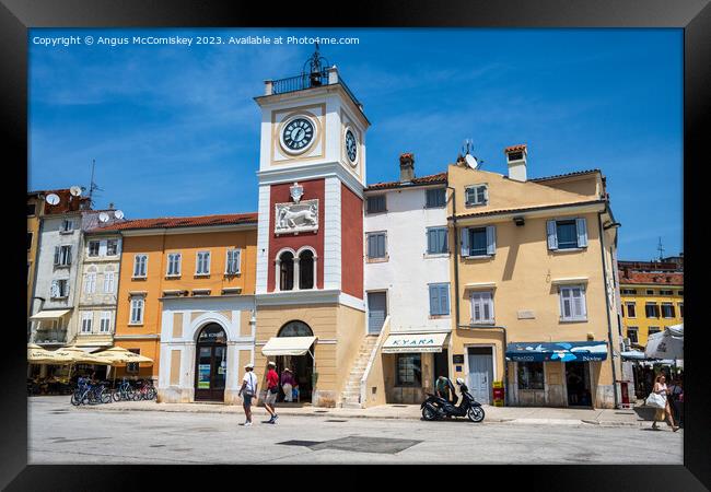 Clock Tower in old town Rovinj, Croatia Framed Print by Angus McComiskey