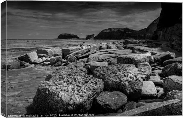 Boulders, Whitby East Beach, Black & White Canvas Print by Michael Shannon