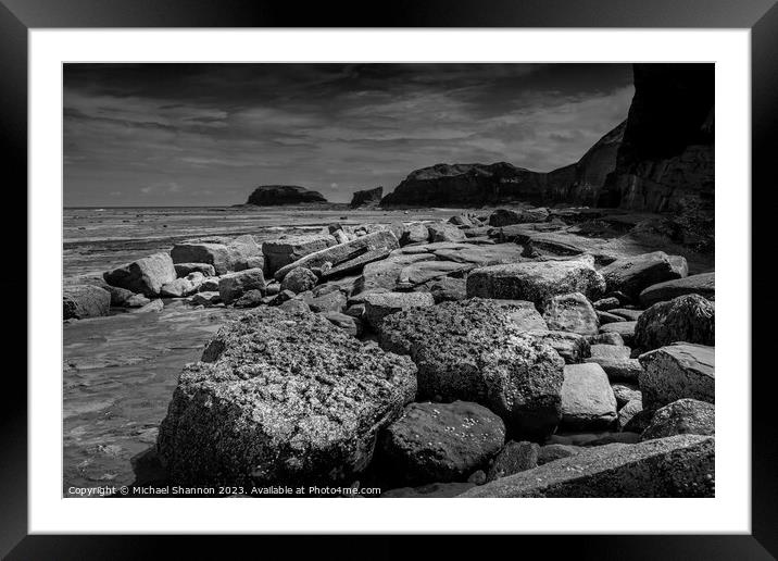 Boulders, Whitby East Beach, Black & White Framed Mounted Print by Michael Shannon