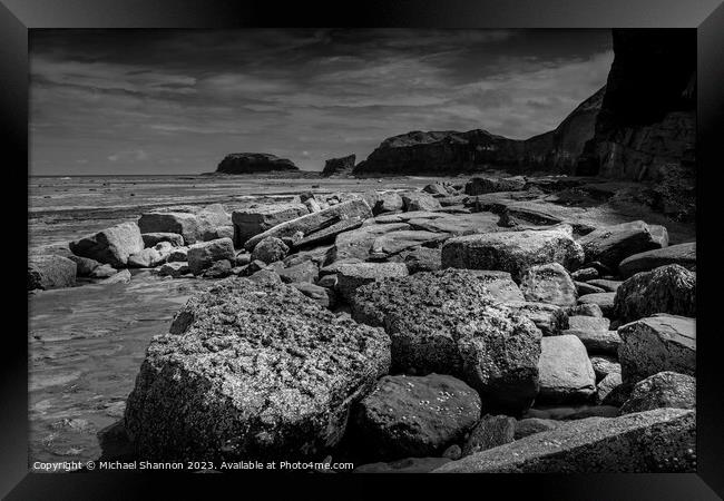 Boulders, Whitby East Beach, Black & White Framed Print by Michael Shannon