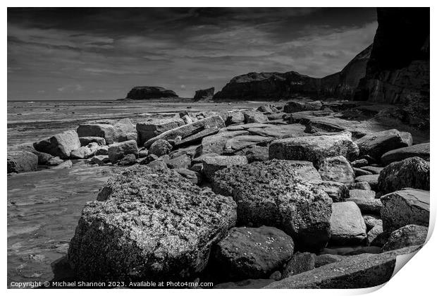 Boulders, Whitby East Beach, Black & White Print by Michael Shannon