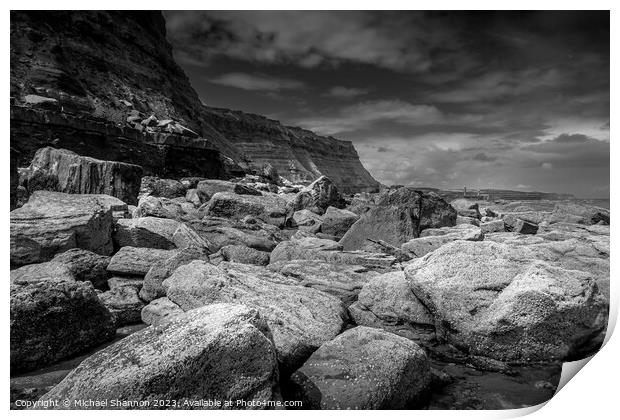 Boulders on Whitby East Beach Print by Michael Shannon