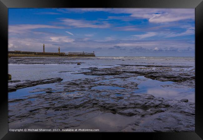 Whitby East Beach at low tide Framed Print by Michael Shannon