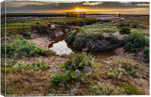 Sunset at Stiffkey Saltmarshes Canvas Print by Terry Newman