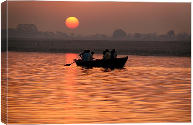 Rowing Boat on the Ganges at Sunrise, Varanasi, In Canvas Print by Serena Bowles
