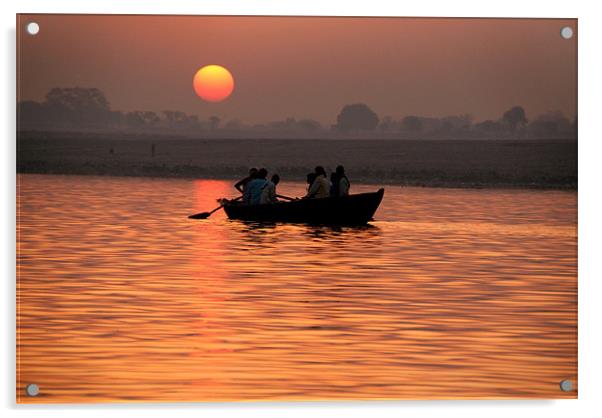 Rowing Boat on the Ganges at Sunrise, Varanasi, In Acrylic by Serena Bowles