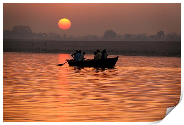 Rowing Boat on the Ganges at Sunrise, Varanasi, In Print by Serena Bowles