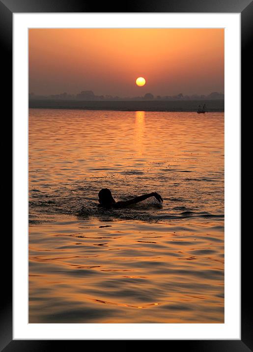 Swimming in the Ganges at Sunrise Framed Mounted Print by Serena Bowles