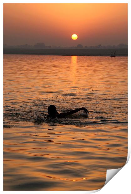 Swimming in the Ganges at Sunrise Print by Serena Bowles